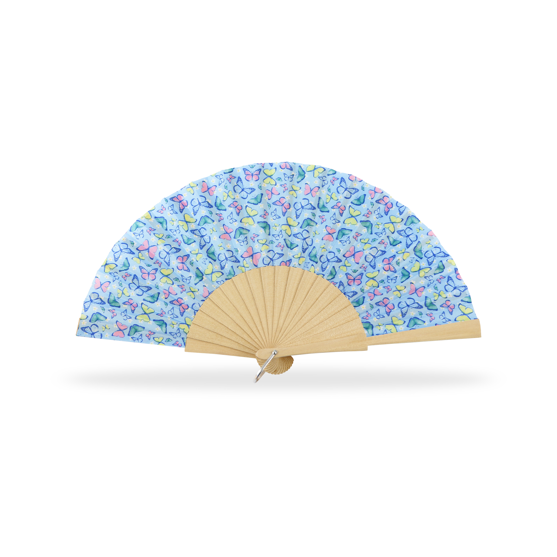 Éventail en bois naturel tissu imprimé Papillon. Réf-A543
