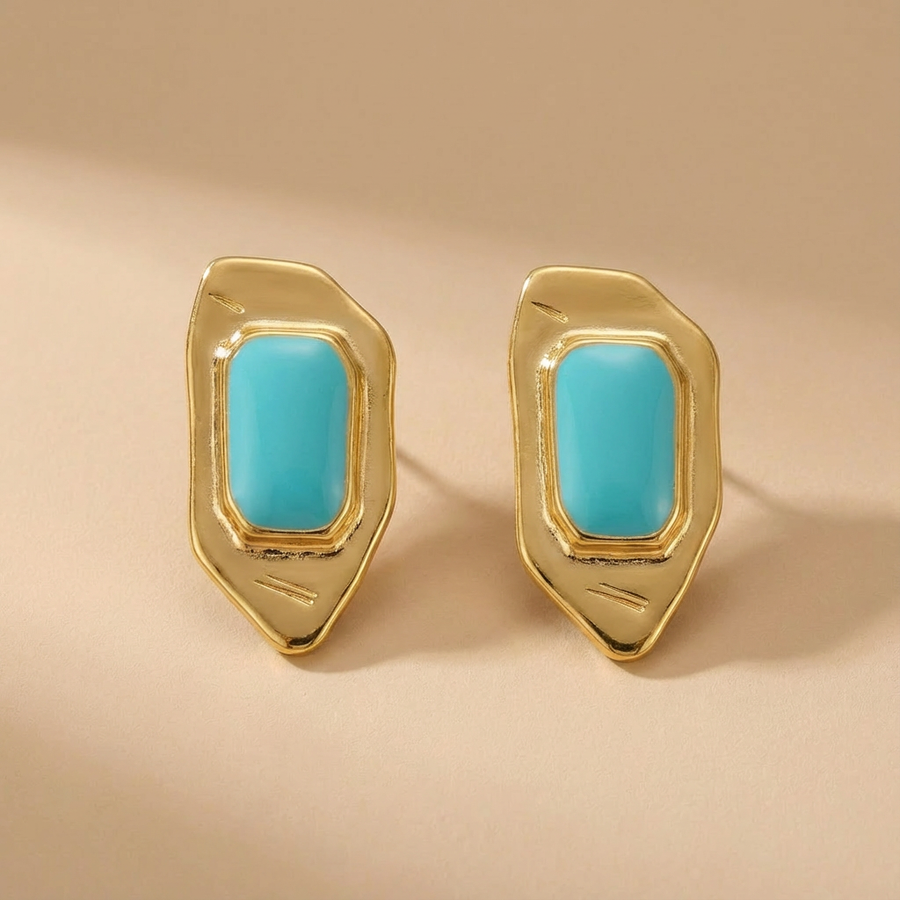 Boucle d'oreille géométrique dorée de style vintage avec émail turquoise
