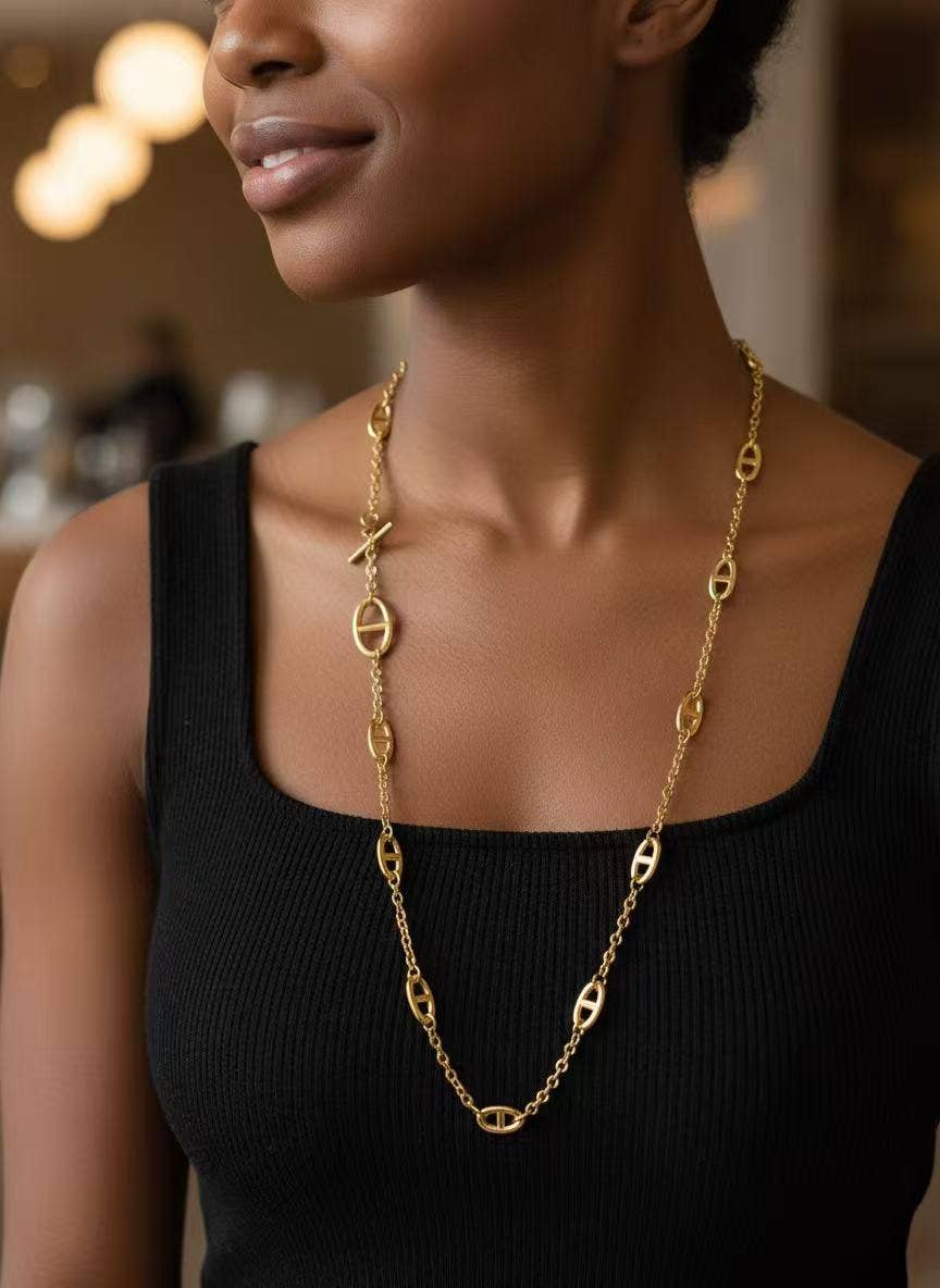 Collier sautoir doré maillons ovales irréguliers acier