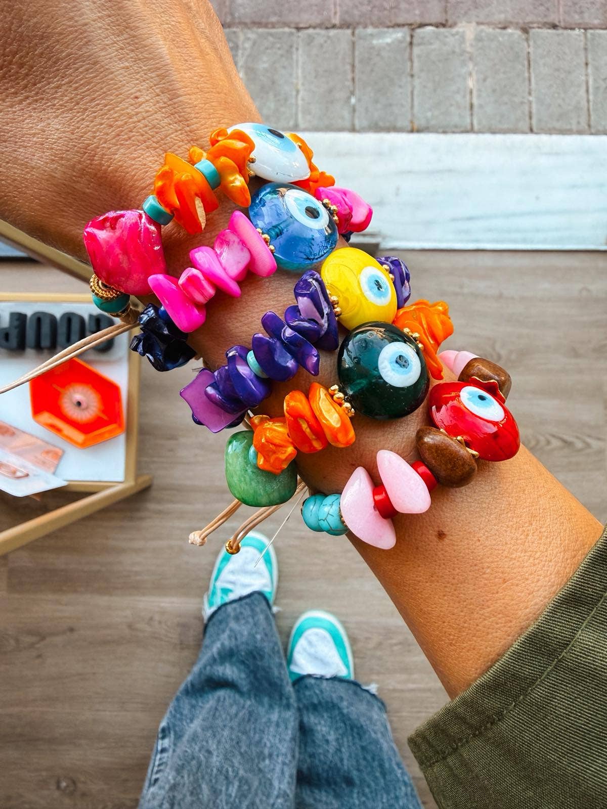 Bracelets d'été en perles œil en verre et coquillage colorés