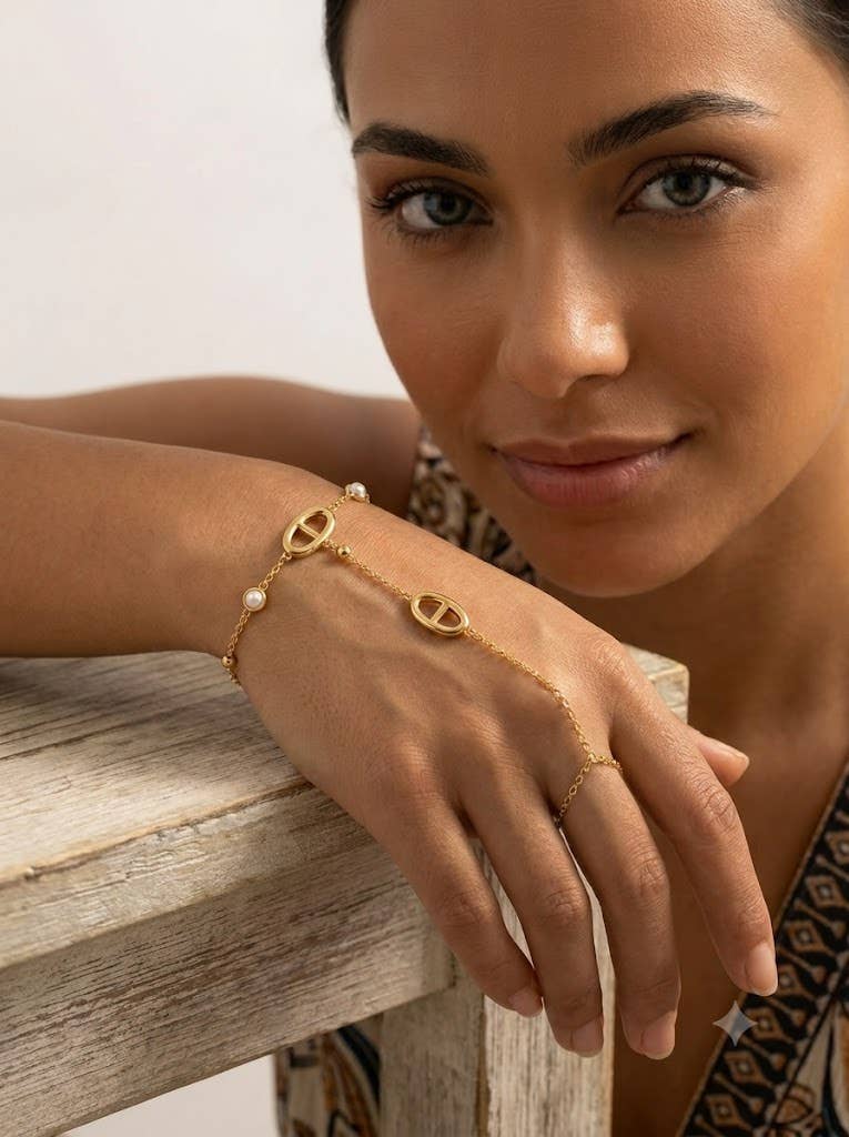 Bracelet de main doré acier inoxydable perles ovale délicat