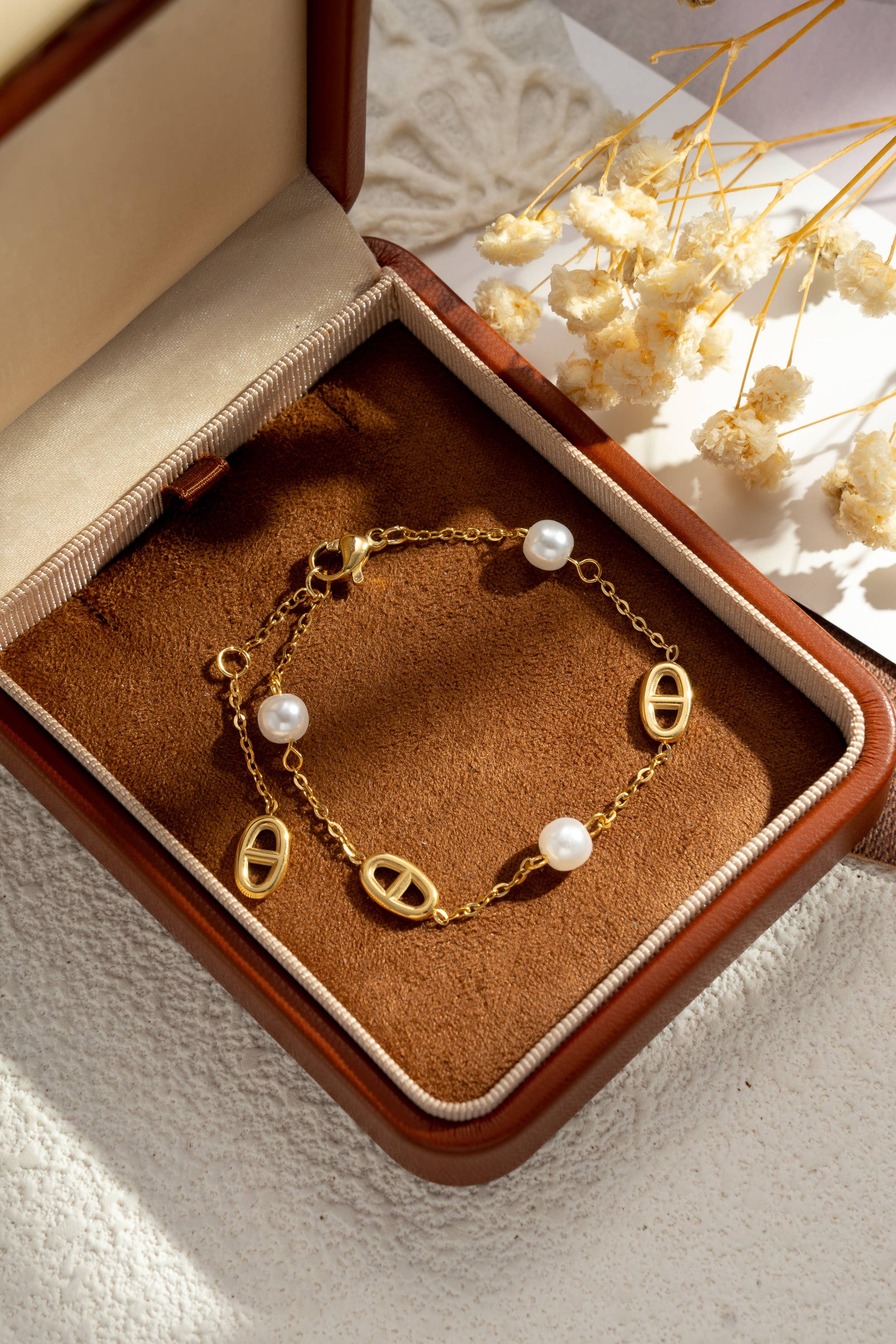 Bracelet maillons ovales perles acier inoxydable doré argent