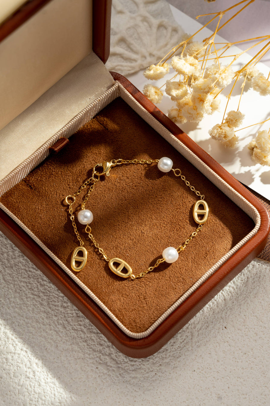 Bracelet maillons ovales perles acier inoxydable doré argent
