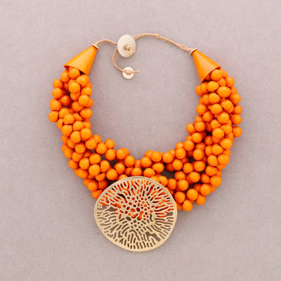 Collier Ras-du-cou Perles Résine Pendentif Médaille Filigrane Métal