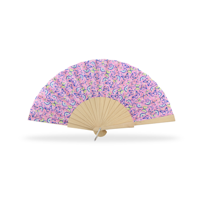 Éventail en bois naturel tissu imprimé Papillon. Réf-A543