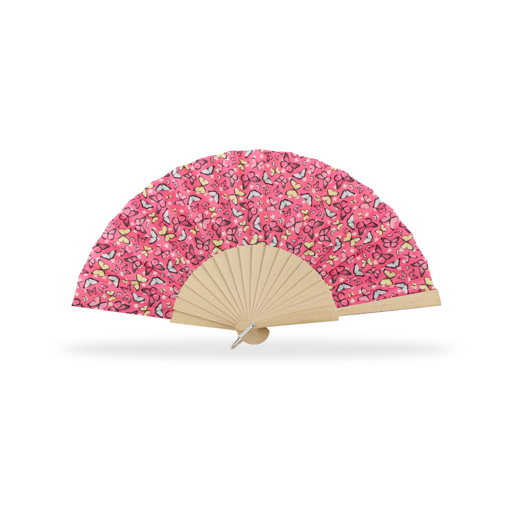 Éventail en bois naturel tissu imprimé Papillon. Réf-A543