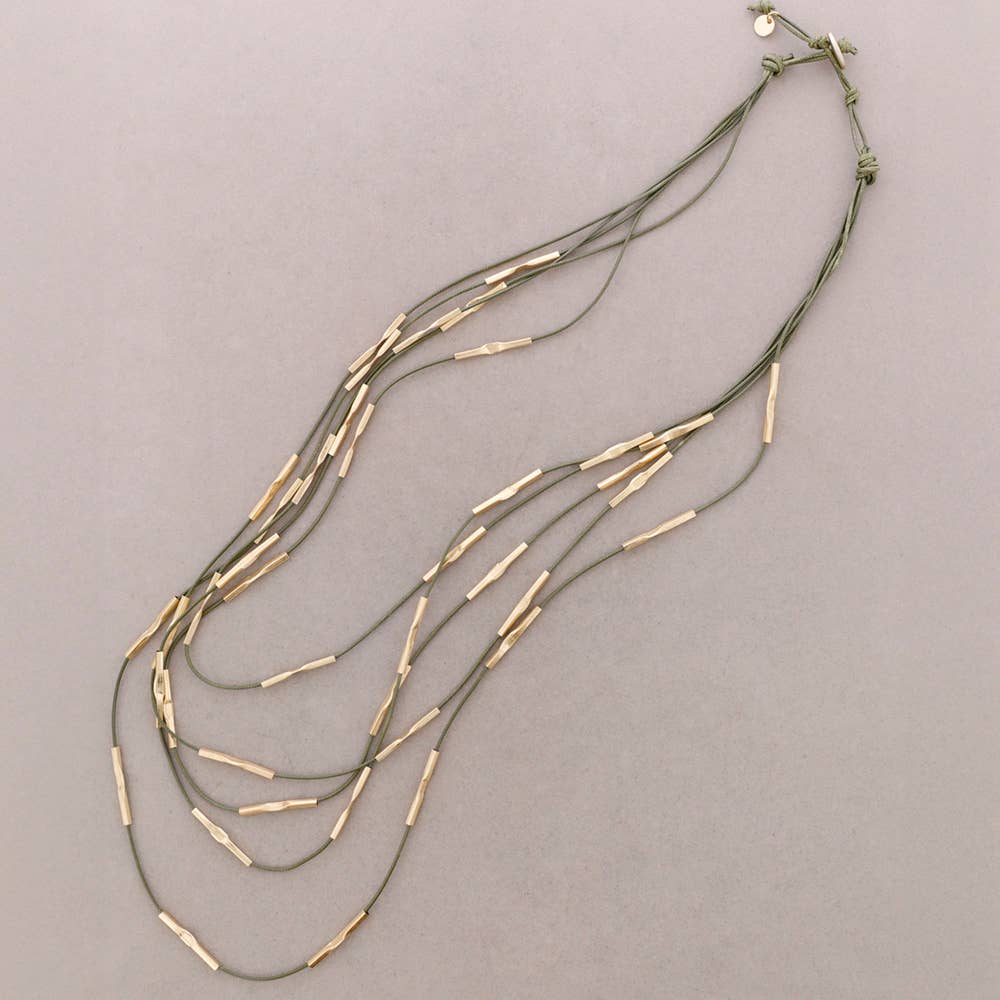 Collier Long 5 Rangées Cuir Perles Métal