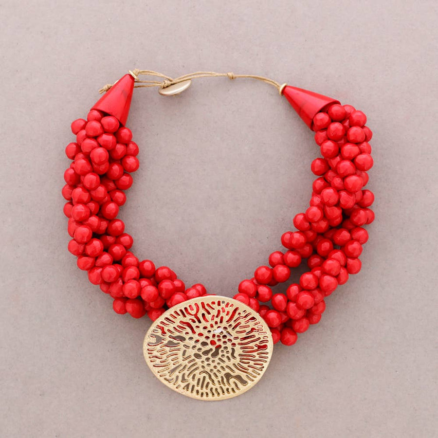 Collier Ras-du-cou Perles Résine Pendentif Médaille Filigrane Métal