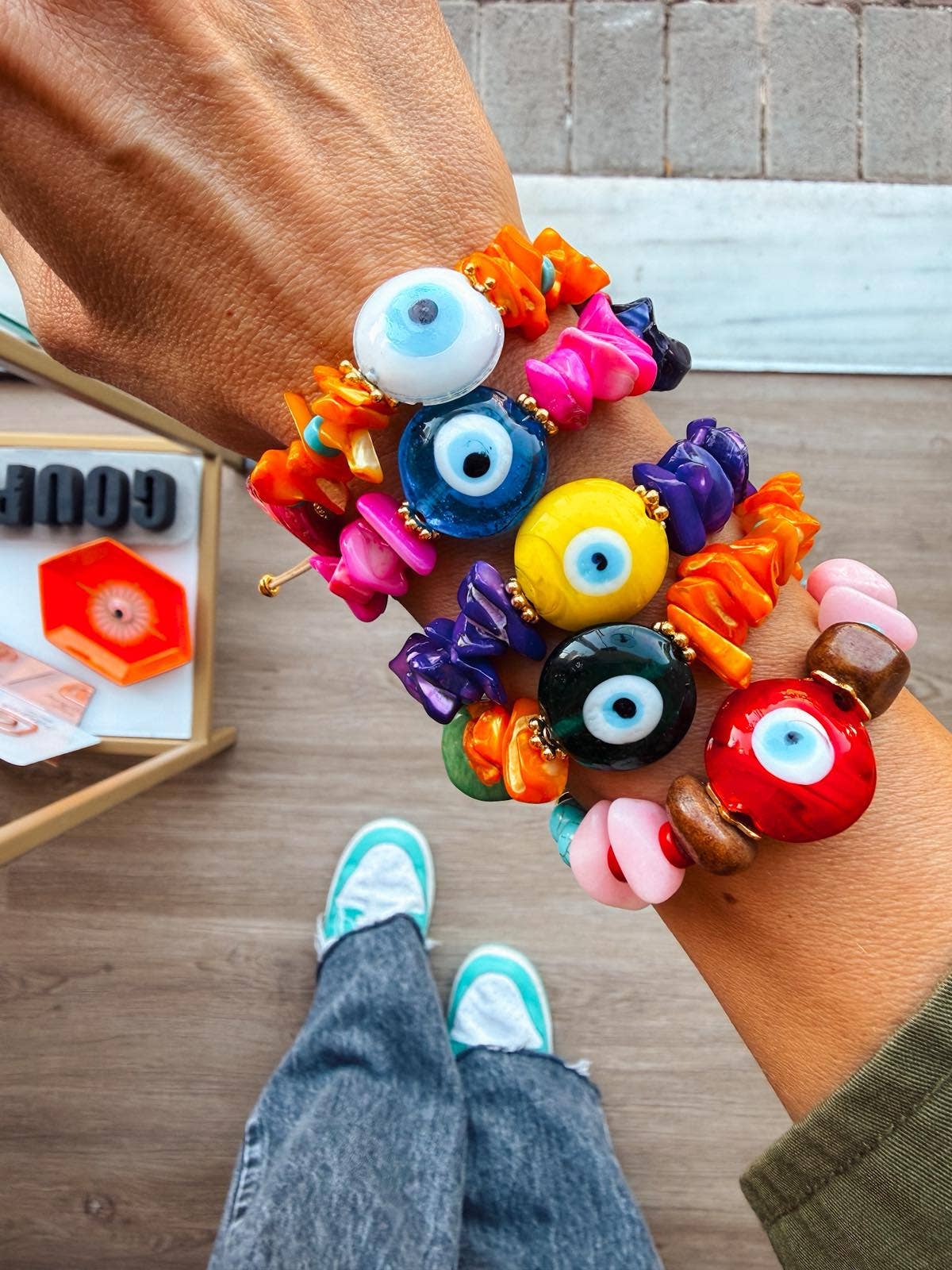 Bracelets d'été en perles œil en verre et coquillage colorés