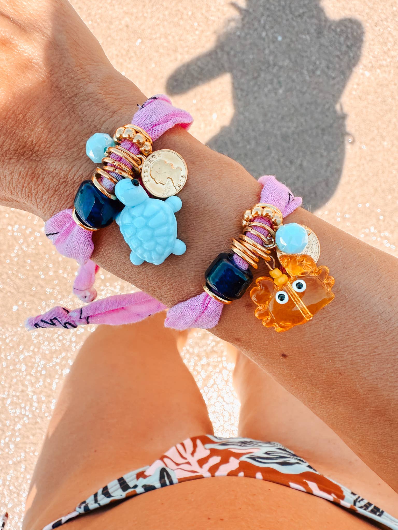 Bracelets Bandana Bohème Rose avec Breloques Crabe & Tortue Océan