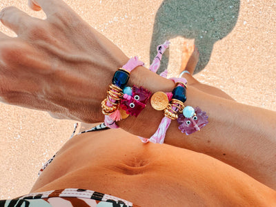Bracelets Bandana Bohème Rose avec Breloques Crabe & Tortue Océan