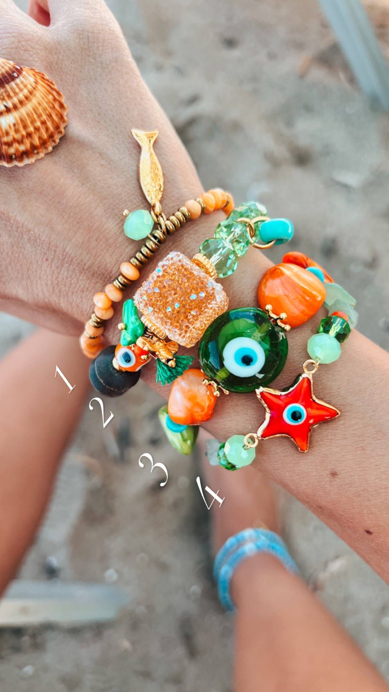 Bracelets d'été orange et vert avec œil protecteur en coquillage