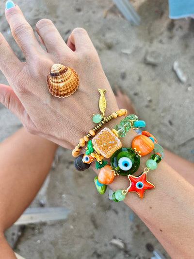 Bracelets d'été orange et vert avec œil protecteur en coquillage