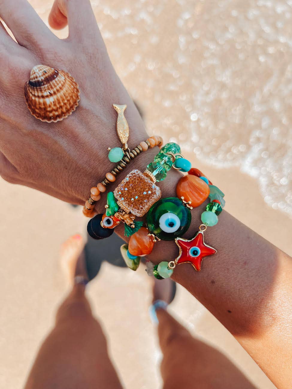 Bracelets d'été orange et vert avec œil protecteur en coquillage