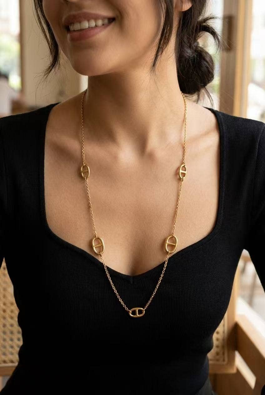 Collier Sautoir maillons ovales acier inoxydable doré long