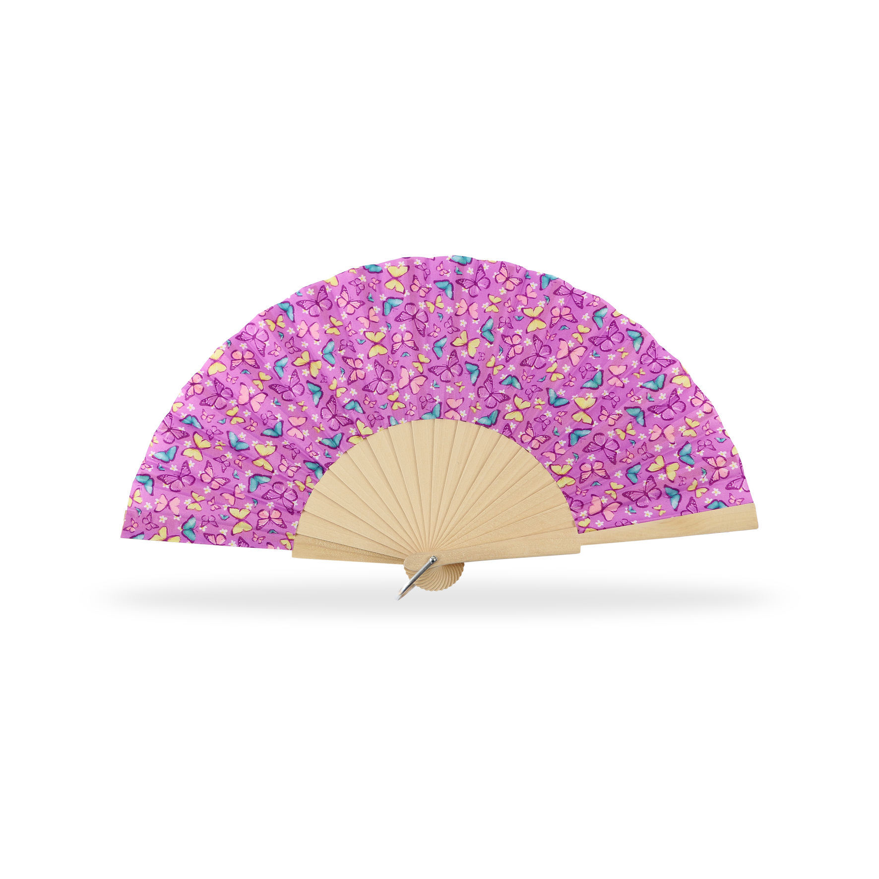 Éventail en bois naturel tissu imprimé Papillon. Réf-A543