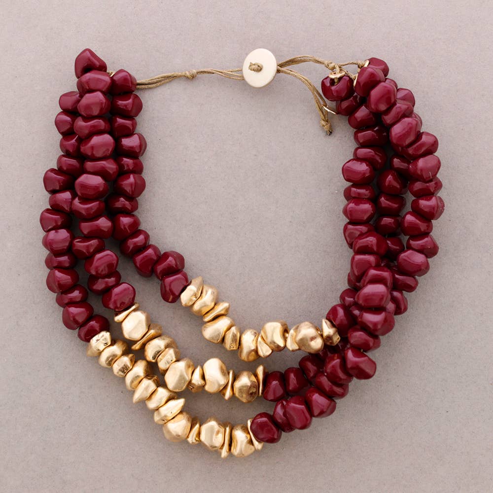 Collier Ras du Cou Triple Perles Résine Métal: Moutarde