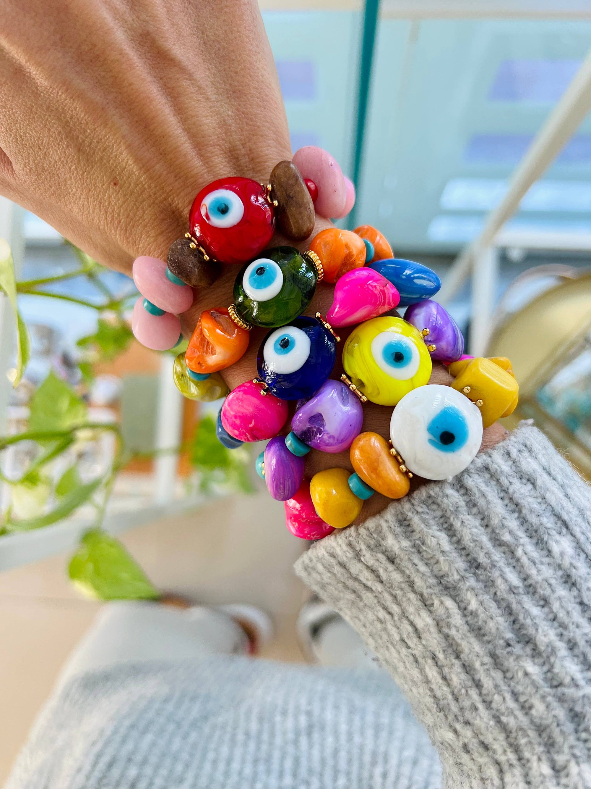 Bracelets d'été en perles œil en verre et coquillage colorés