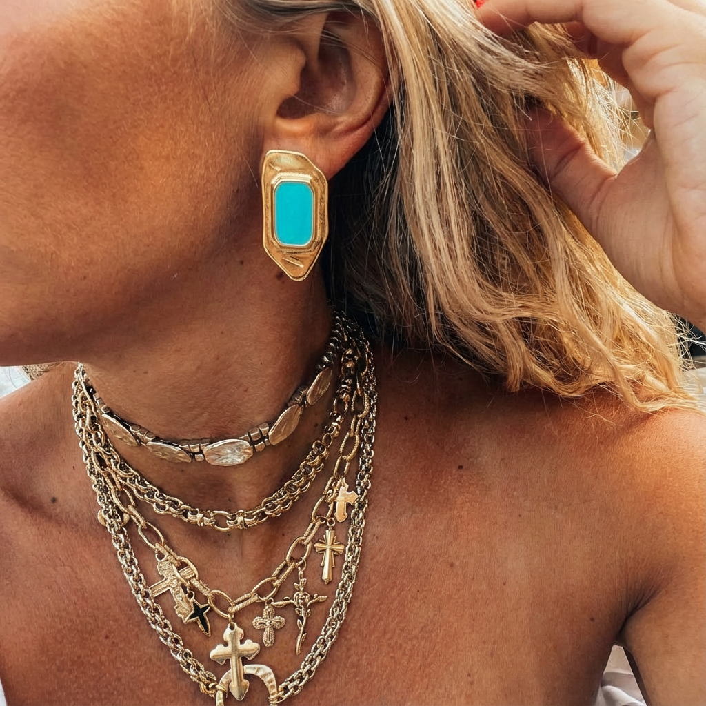 Boucle d'oreille géométrique dorée de style vintage avec émail turquoise