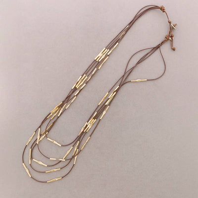 Collier Long 5 Rangées Cuir Perles Métal