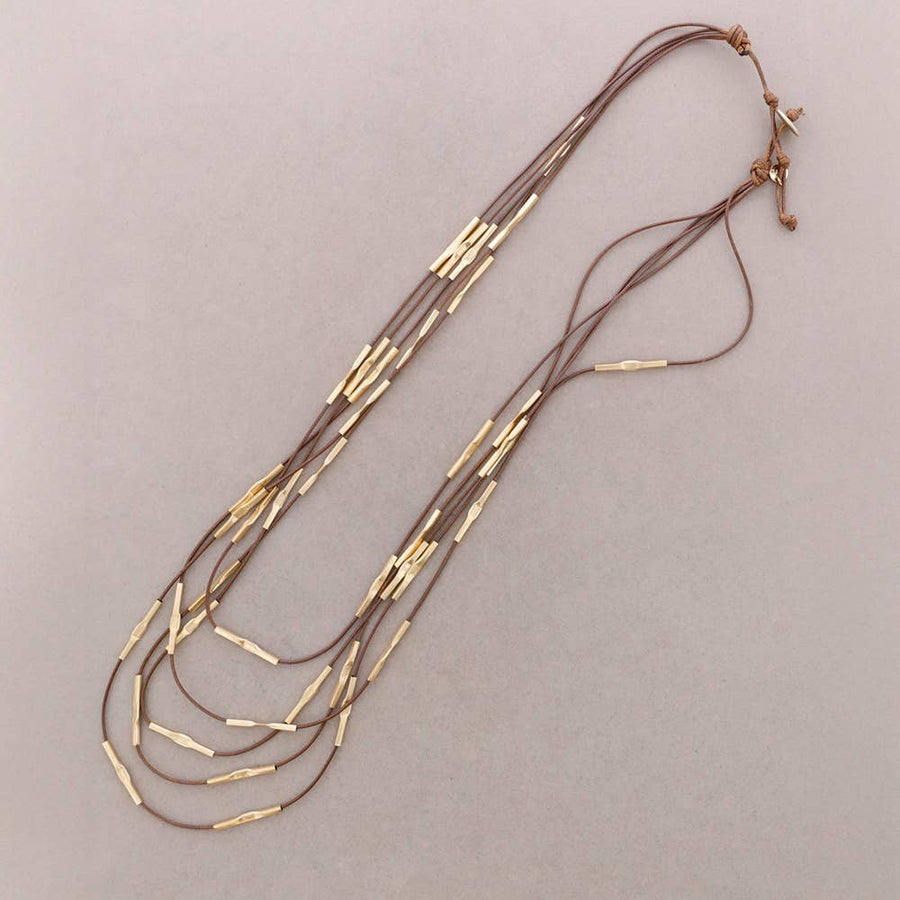 Collier Long 5 Rangées Cuir Perles Métal