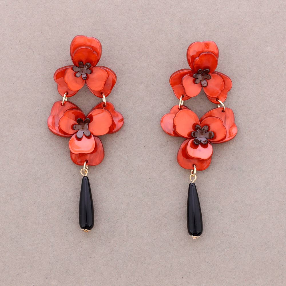 Boucles d'oreilles pendantes double fleur en résine