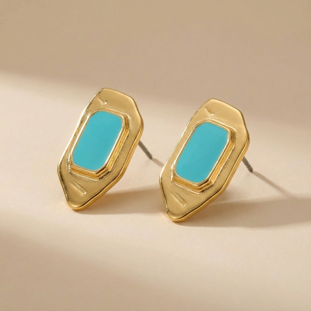 Boucle d'oreille géométrique dorée de style vintage avec émail turquoise
