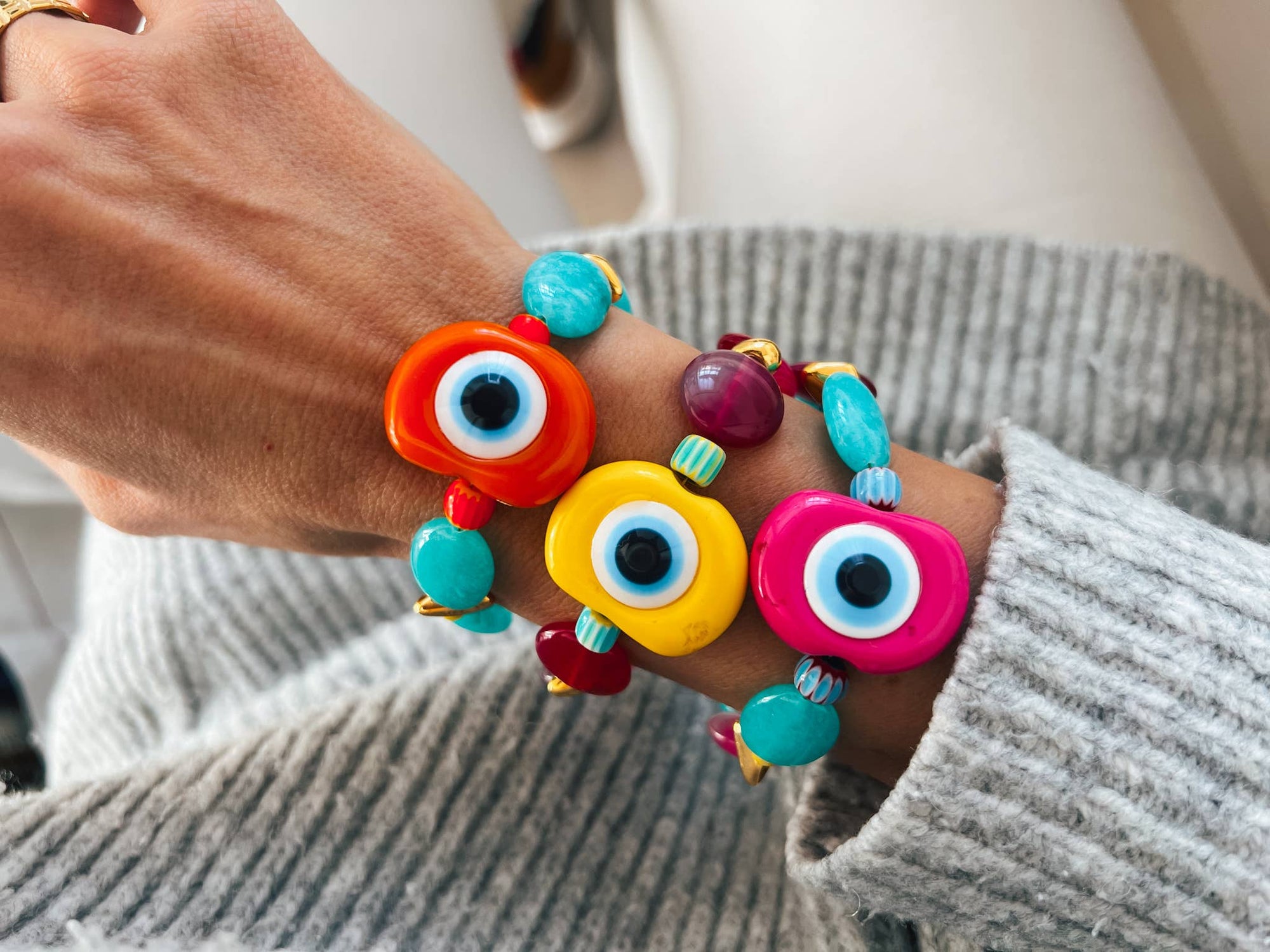Bracelets arc-en-ciel d'été à grands yeux, bracelets en agate et jade