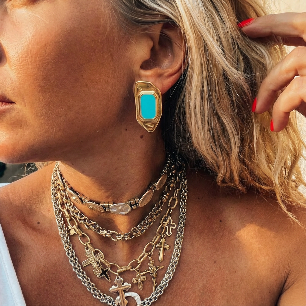 Boucle d'oreille géométrique dorée de style vintage avec émail turquoise